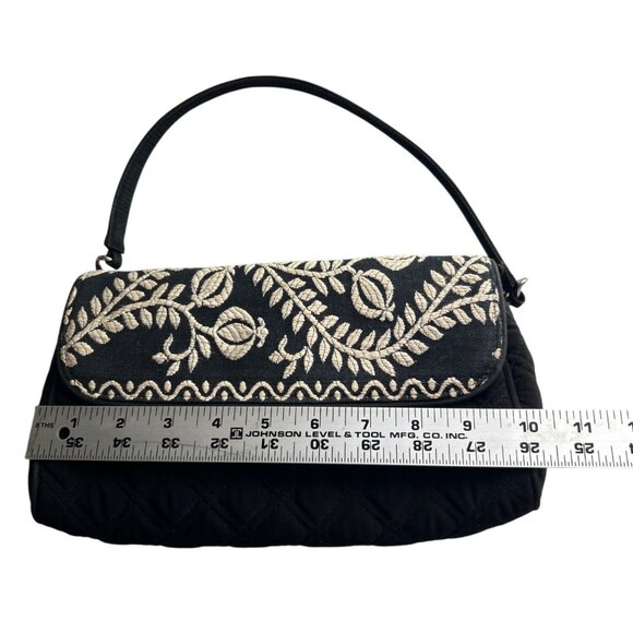 Vera Bradley Black Quilted Embroidered Floral Handbag With Strap & Snap Closure - Picture 5 of 8